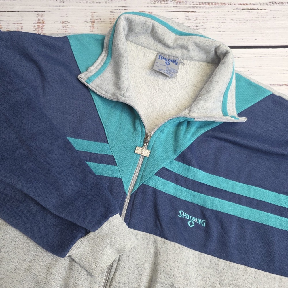 Spalding Jacket Mens XL Gray Blue Color Block Full Zip Sweater Vintage Tennis‎